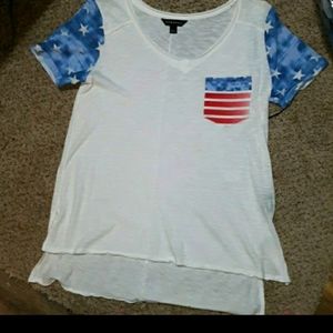 Rock & Republic NWT T-Shirt, American Flag on Pocket, Front Lower/Longer Back